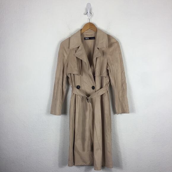 Zara Tan Trench Coat XS Faux Suede Double Breasted Belted Classic Mid Length - Picture 3 of 16